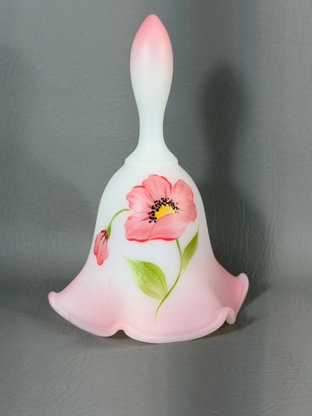 Vintage Fenton Art Glass Bell Hand-Painted Floral Signed M. Kibbe Satin Pink - Picture 4 of 16